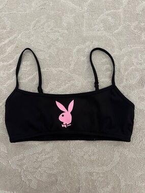 Missguided + PLAYBOY Black Sports Bralette with Pink Bunny Logo